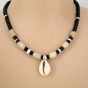 Cowrie Shell Necklace Choice of 18, 21, 24-inch Length Black Coconut Beads, Puka Seashell, and Buri Palm Beach Surfer Tribal SUP