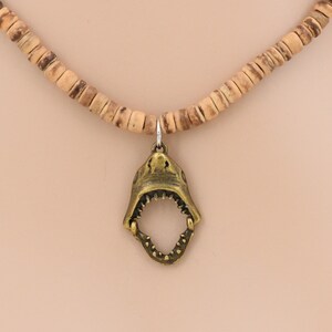 Moveable Jaw Bronze Shark Head Necklace 4-5mm Diameter Coconut Beads Choice of Lengths: 14-15-18-Inches Surfer-SUP -Beach Jewelry 7029-83
