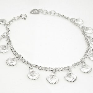 Charm Bracelet Sterling Silver 12 Dangling Sea Shells 7&quot; - 8&quot; inches Beach 3280