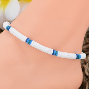 Puka Seashell Anklet or Bracelet Adjustable, 3 Color combos available White with Pink, Blue, or Purple 5210