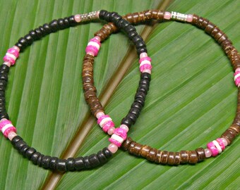 Anklet Black or Brown Coconut Beads with White and Pink Puka Shells Hawaiian Surfer SUP 9.5 Inches Length 5252