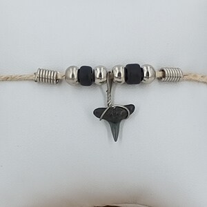 Fossil Shark Tooth Bracelet 7&quot; Hemp Cord, Coconut and Silver Beads HB-BLKST