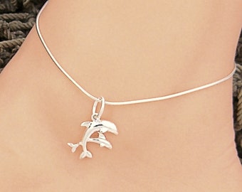 Anklet Dolphins 9, 10, 11,12 Inch Sterling Silver Snake Chain Beach Ankle Bracelet  Style 230-2011