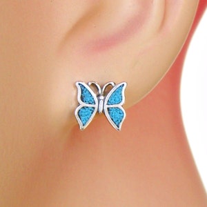 Earrings Butterfly Turquoise Inlay Sterling Silver Minimaist Tiny Ear Studs 3473