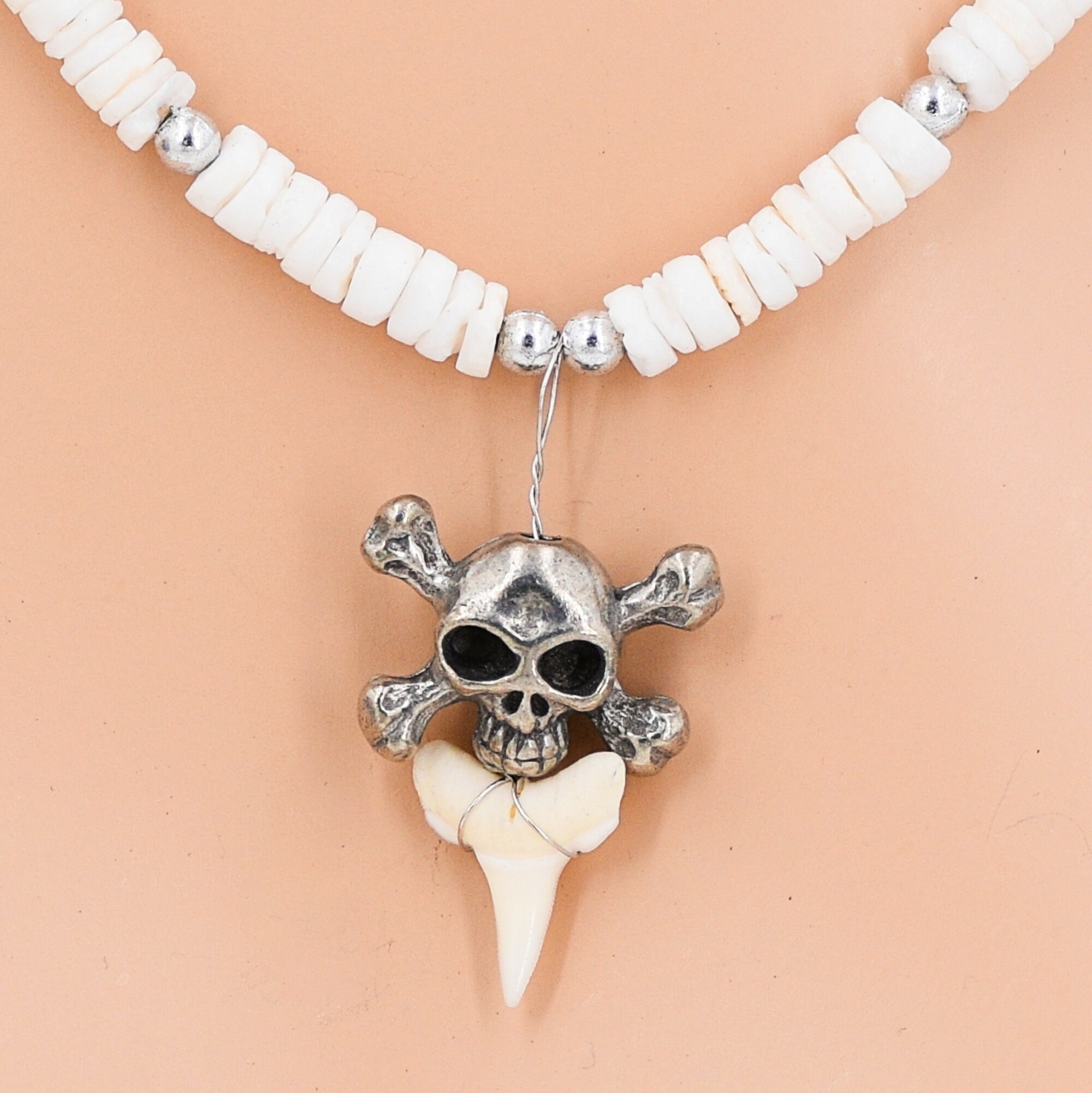 Skull and Crossbones Shark Tooth Necklace, Coconut Beads, Puka