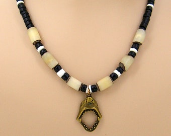 Brass Shark Head with Moveable Jaw Necklace 18" 21" 24" Black Coconut Beads, Puka Sea Shell, and Buri Palm Beach Surfer Tribal SUP 7027-83