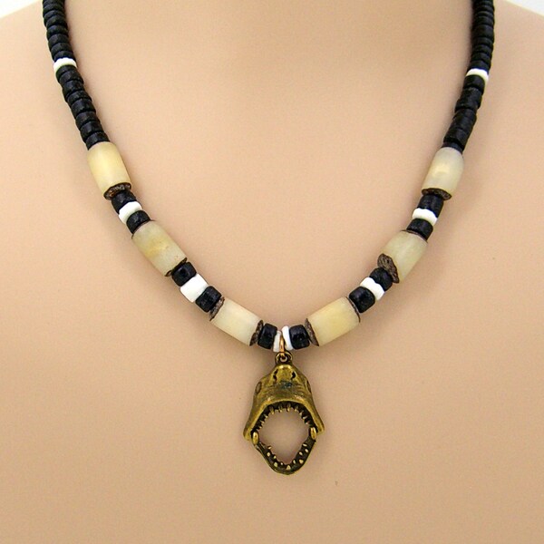 Brass Shark Head with Moveable Jaw Necklace 18" 21" 24" Black Coconut Beads, Puka Sea Shell, and Buri Palm Beach Surfer Tribal SUP 7027-83