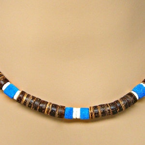 Surfer Necklace 18, 21, 24 inch Lengths Black or Brown Graduated Coconut Beads with White Puka Shell and Blue Beads Beach SUP Favorite 7068