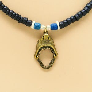 Bronze Shark Head Moveable Jaw Necklace Choice of 18, 21, 24 inches length Black and Blue Coconut Beads Puka Seashell Beads 7050-83