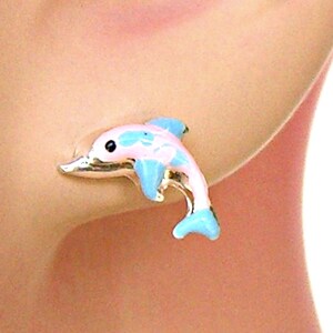 Dolphin Sterling Silver Earrings Hand Enameled Pink and Blue Enamel Minimal Pierced Small Ear Studs 3517
