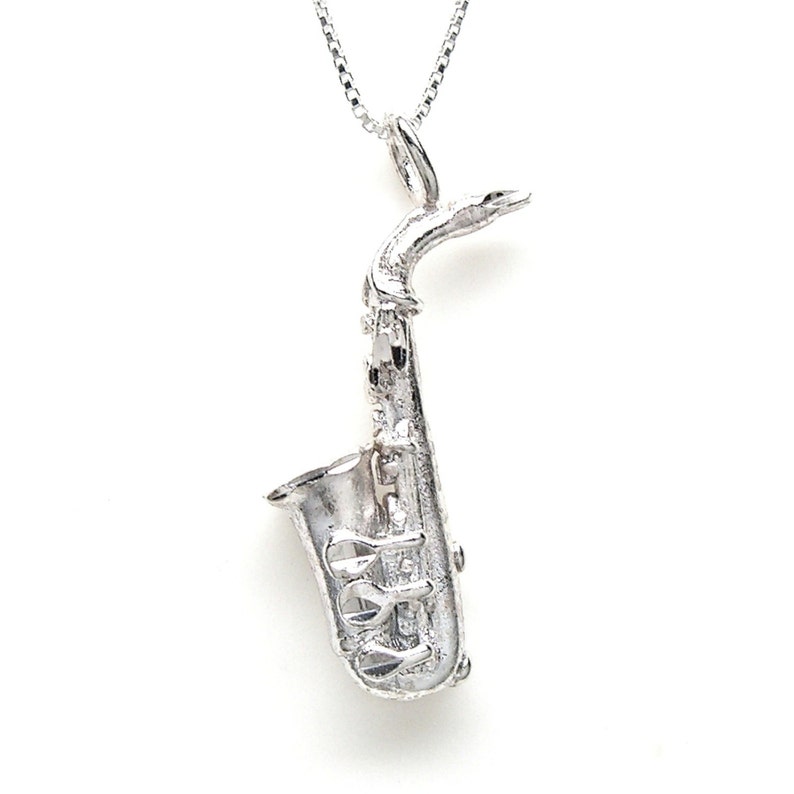 Sax Saxophon Sterling Silber 3D Musikinstrument Charm Anhänger oder Halskette 2233 Bild 2