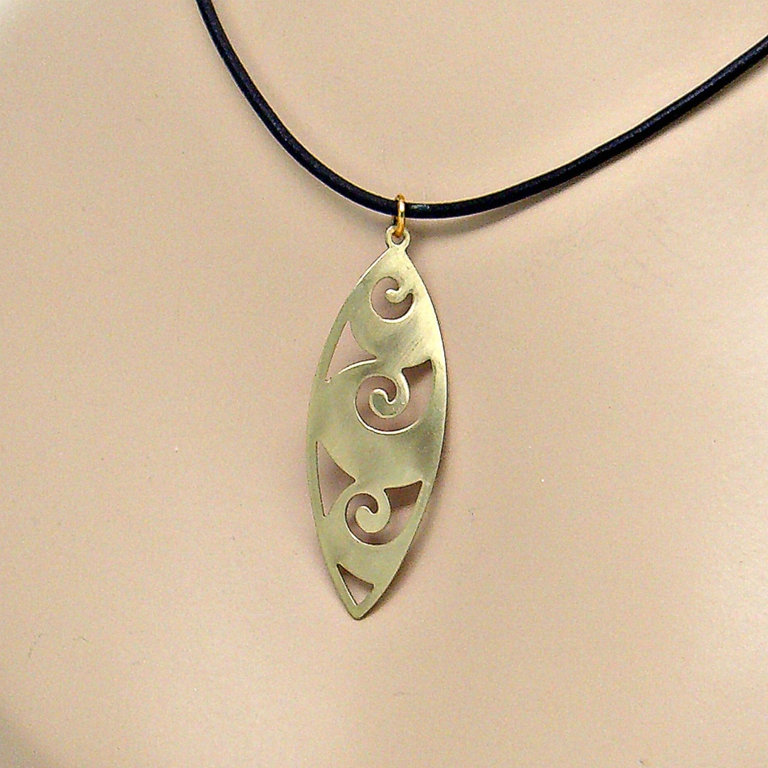 Ocean Wave Surfboard Gold Metal Leather Necklace Lightweight