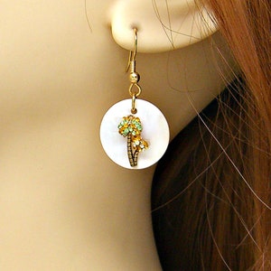 Earrings Palm Tree with Crystals Mother of Pearl Sea Shell Disc Dangle French Hook Ear Wires Pair 1306 GP