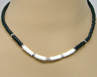 Surfer 18 inch Necklace White Puka Shells Black Coconut Beads Beach