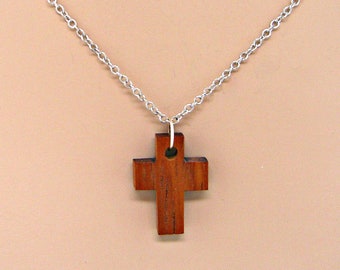 Wood Cross 18" Necklace Silver Cable Chain Minimal Jewelry Faith Religious Christian 9026-94
