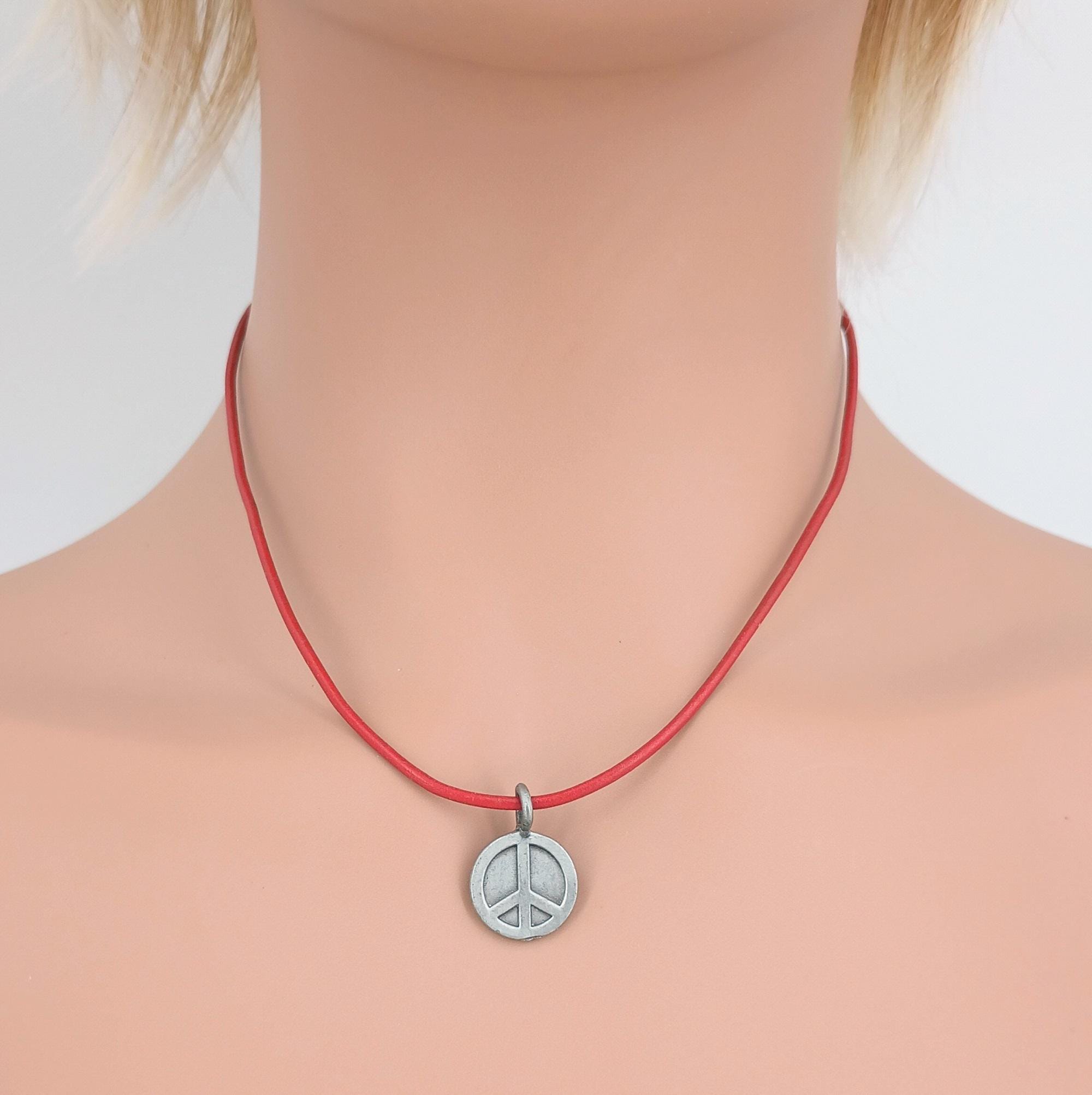 Pewter Peace Sign Leather Necklace, 22 Color Choices 9008-p-peace