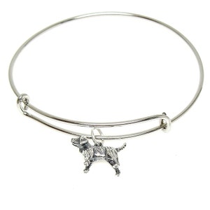 Sterling Silver Beagle Dog on Silver Adjustable Wire Bangle Charm Bracelet Add Angel Wing Birthstone Style 601-2237