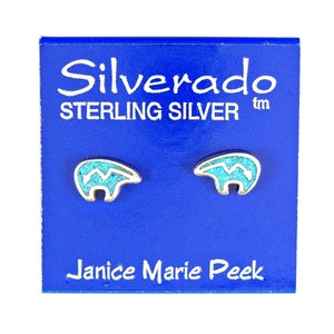Earrings Heartline Bear Sterling Silver Turquoise Inlay Tiny Minimal Ear Studs, Post Earrings 3428