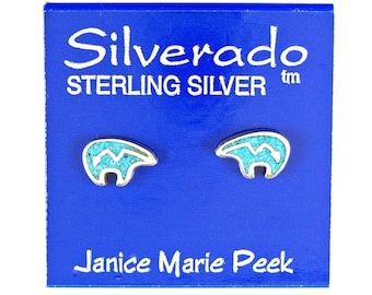 Earrings Heartline Bear Sterling Silver Turquoise Inlay Tiny Minimal Ear Studs, Post Earrings 3428