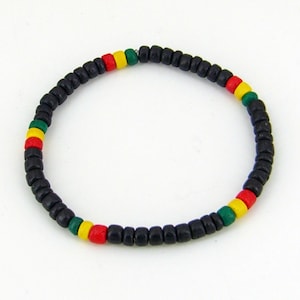 Stretch Bracelet 4-5mm Black with Rasta Red, Yellow, Green Coconut Beads One Size Fits Youth to Adult 6284