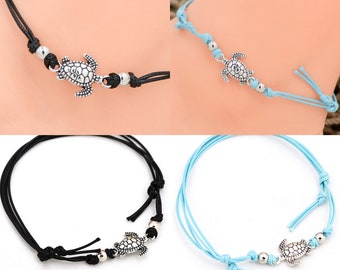 Anklet Silver Sea Turtle Black or Blue Adjustable Cord Friendship String Boho Beach Ankle Bracelet 5002