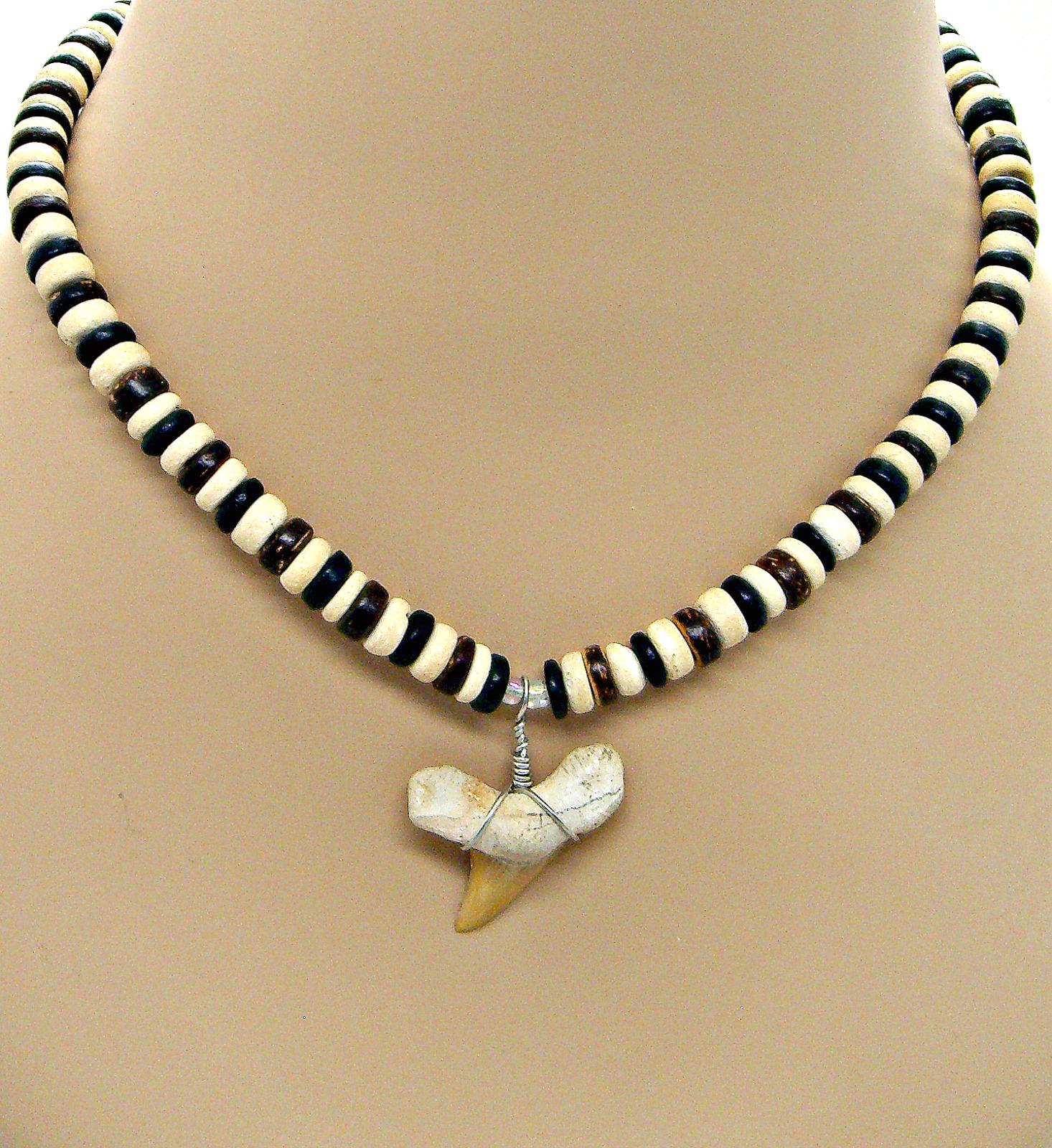 18-inch XL Fossil Shark Tooth Necklace Coconut Shell Beads SUP