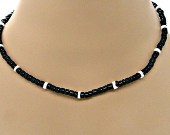 Surfer Beaded Necklace 4-5mm Puka Sea Shell and Black Coconut Beads, Beach Jewelry 18, 21, 24 inch 7026