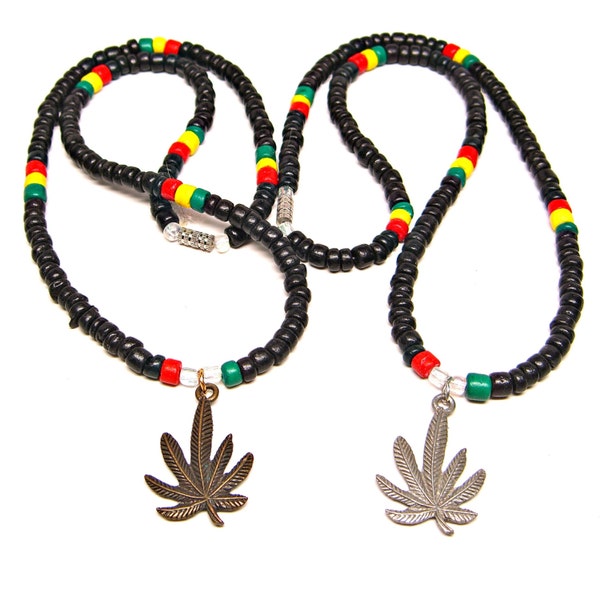 Pot Leaf Necklace Pewter Pendant Rasta Colors 18 Inches 4-5mm Coconut Beads