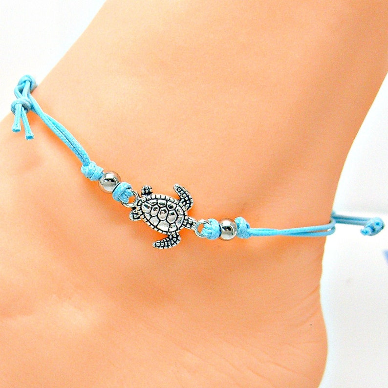 Anklet Silver Sea Turtle Blue Adjustable Cord Friendship String Hippie Boho Beach Ankle Bracelet 5203
