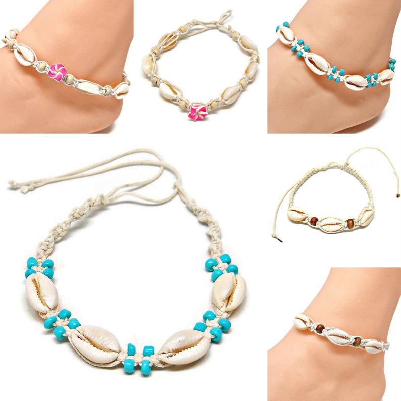 Cowrie Sea Shell Anklet Adjustable Macrame Tie on Cord Beach - Etsy