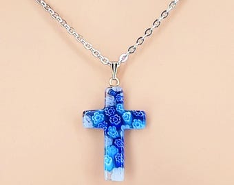 Millefiori Cross Necklace, Silver Stainless Steel Cable Chain, 15 - 23.5 Inches  9029-MF-CROSS-15