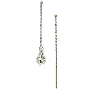 May include: A pair of silver dangle earrings with a four-leaf clover charm on one earring. The earrings are made of a thin chain and a straight post.