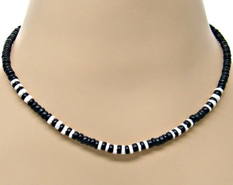 OBX Surfer Necklace White Puka Seashells Black Coconut Beads 19", 22", 25" SUP Hawaiian Beach Jewelry 7035