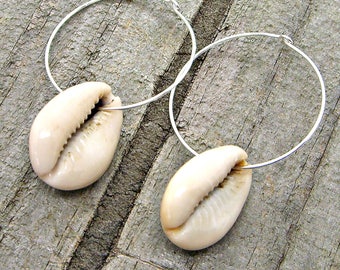 Cowrie Shell Earrings: Gold Filled or Silver Plated Hoops
