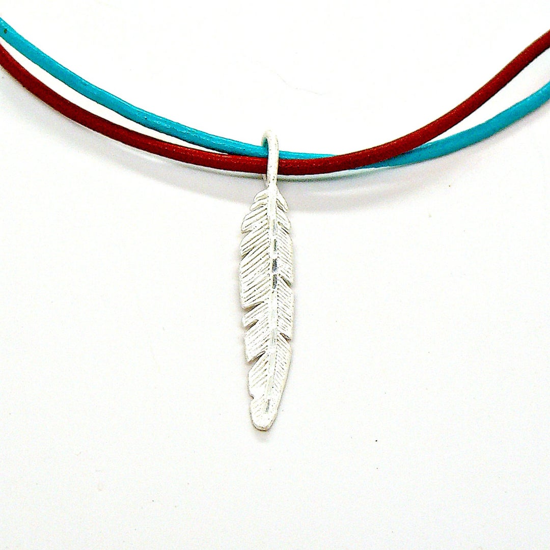 Leather Necklace Feather Sterling Silver Double Strand Mother 