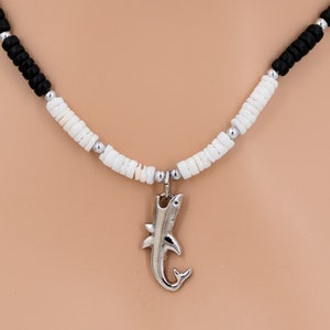Silver Shark Necklace Coconut Shell, Puka Seashell, Silver Beads Surfer Beach Jewelry Choice of length: 18, 21, 24-inch