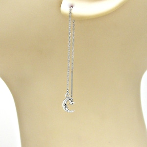 Moon and Star Sterling Silver Ear Threads Threader Earrings Celestial Pair 4.25&quot; Adjustable Length 1766ET