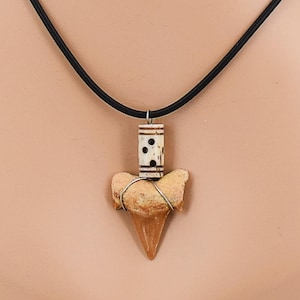 Large Fossil Shark Tooth Necklace Wire Wrapped Pendant w-Bead on Black Silicone Cord, Length is a total 20.5-Inches Surfer SUP 7204B-#3