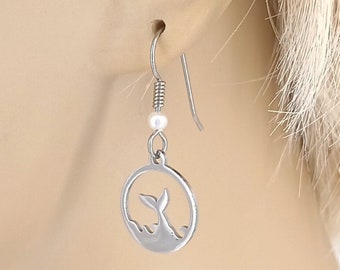 Whale Tail Silver Stainless Ear Wire Earrings Pair 331SP-EW