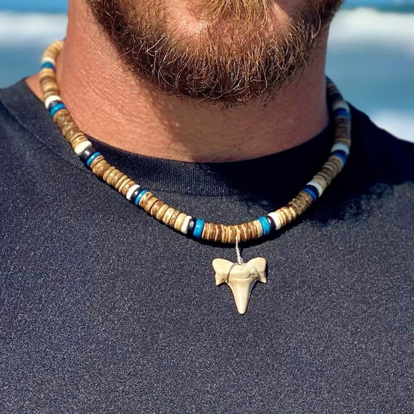 20" XL Fossil Shark Tooth Necklace Great Sharks Teeth 8mm Coconut Beads SUP Surfer Hawaiian Beach Jewelry 7040-MXL