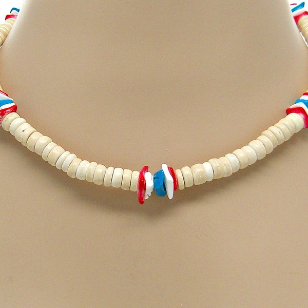 18" Patriotic USA Red White Blue Puka Seashell Necklace 8mm Dia. White Coconut Beads, Beach Jewelry 7072