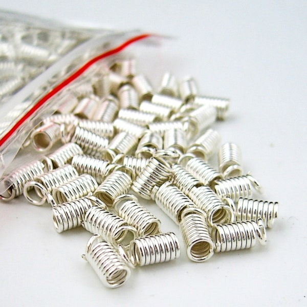 200 pcs Spring, Coil, Crimp Ends Silver Plated 5 cents each, 9x4mm Fit 2mm - 2.5mm Cord Leather Rubber Bulk Lot Destash Jewelry Making FP153