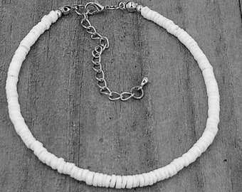 Puka Shell Bracelet White Adjustable 7 - 9 Inches 4-5mm Shell Beads, Hawaiian Surfer SUP Beach Sea Shell Jewelry 6273