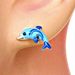 Earrings Dolphin Sterling Silver Hand Enameled Blue Enamel Tiny Minimal Pierced Ear Studs 3515