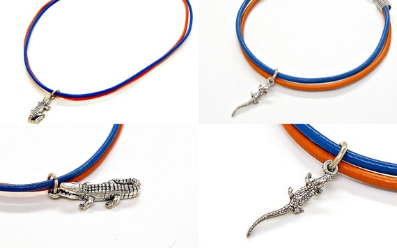 Leather Bracelet or Anklet Gator Alligator Sterling Silver School Team Colors Animal Jewelry Pendant Charm 1807