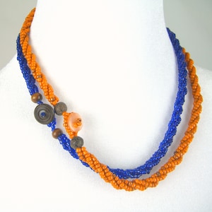 Necklace Braided Seed Beads Florida Colors Orange and Blue Beaded Multi Strand 18 Inches