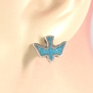 Earrings Dove of Peace Sterling Silver Bird Nature Religious Turquoise Inlay Tiny Minimal Ear Studs 3424