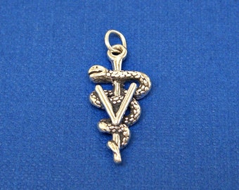 Vet Veterinarian Sterling Silver Caduceus Symbol 3 Dimensional Charm Pendant or Necklace 1938