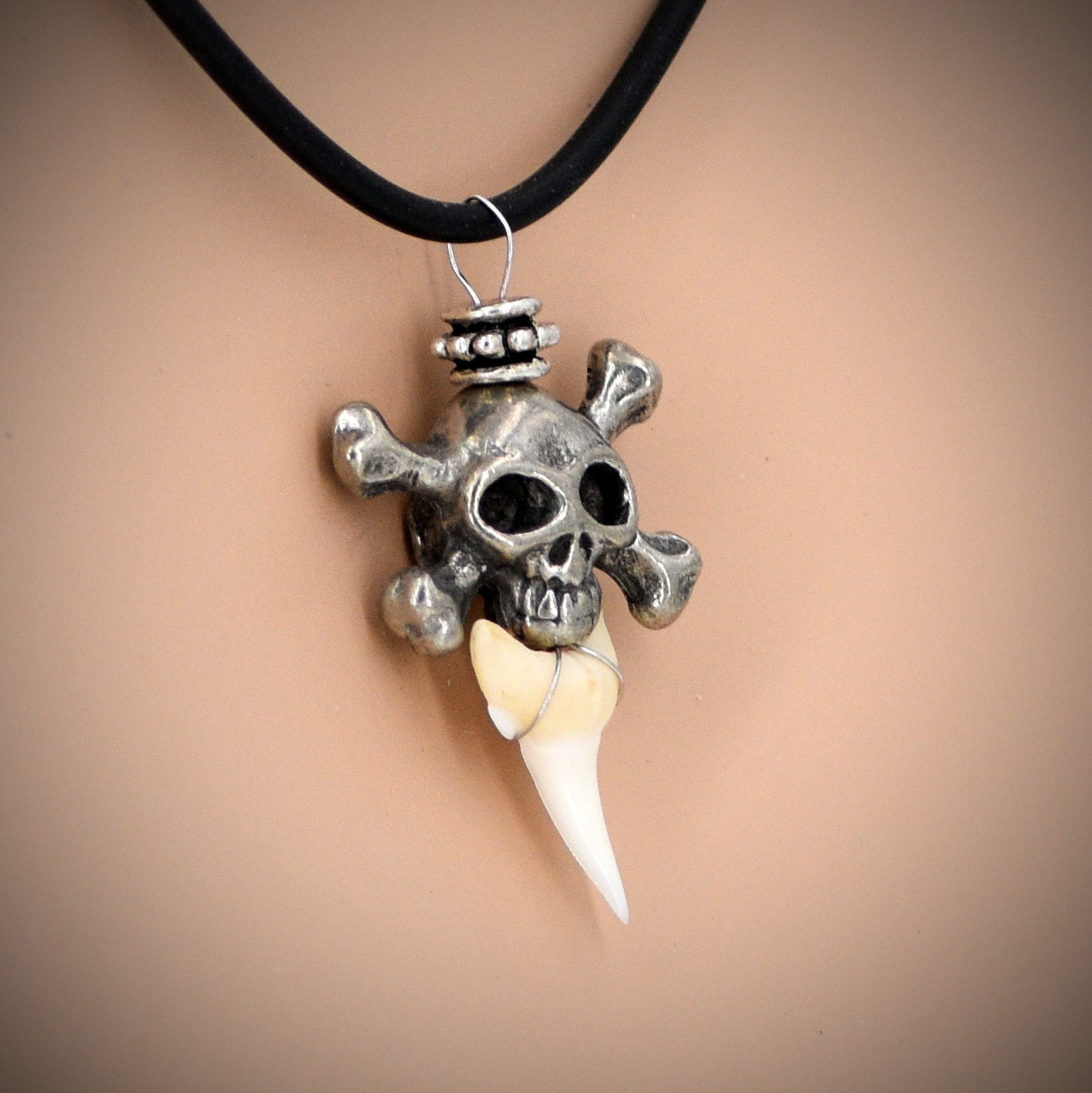 Shark Tooth Necklace With Skull and X-bones Pewter Bead