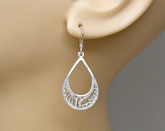 Earrings Filigree Teardrop Dangle Sterling Silver Diamond Cut Boho Ear Wires 3602